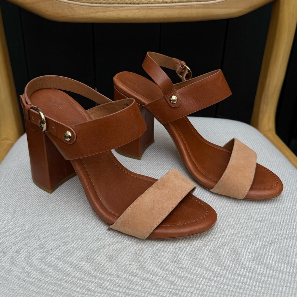 Joie Leather Block Heel Sandals (Cognac/Tan)